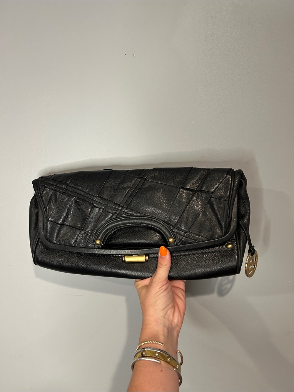 Elliott Lucca Black Quilted Leather Fold-Over Clutch with Gold Hardware